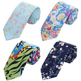 Floral Printed Cotton Skinny Necktie 