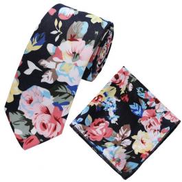 Floral Printed Cotton Skinny Necktie with Pocket Square